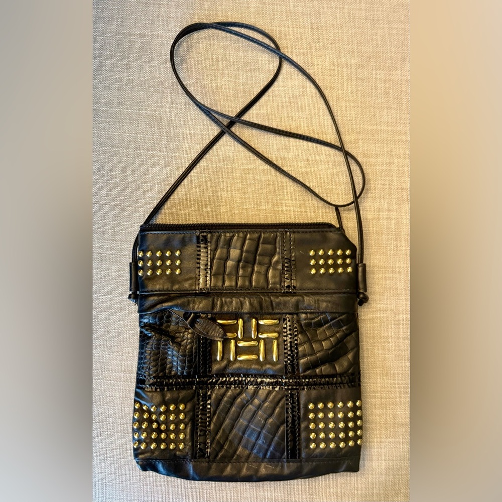 Vintage Black Leather Crossbody with Gold Stud Accents
